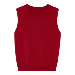 思诺芙德100%山羊绒无袖红马甲女25秋冬新款圆领纯色针织叠穿内搭