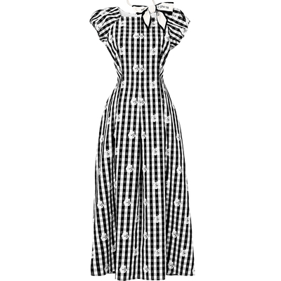 2025夏季新款法式气质黑白格玫瑰刺绣长裙泡泡袖收腰大摆连衣裙女