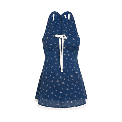 花边拼接绑带V领收腰挂脖上衣