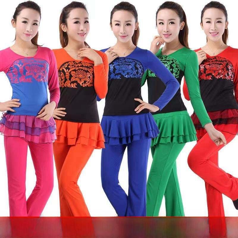 广场舞服装套装新款舞蹈服民族春夏长袖牛奶丝薄款莲花上衣长裙裤