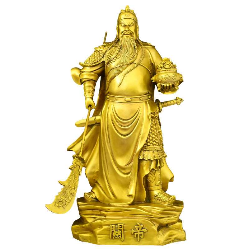 纯黄铜关公武财神聚宝盆摆件