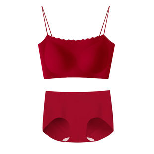 本命年红色内衣女超细肩带平口抹胸防走光少女全固定杯垫安可拉红