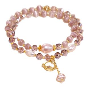 双层叠戴粉色猫眼石串珠水晶手链女轻奢小众精致手串夏天闺蜜手饰