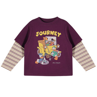 宝宝2026新款日系纯棉假两件T恤 允儿妈女童春季条纹长袖儿童上衣