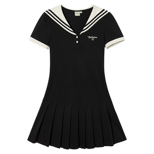 EPTISON短袖连衣裙女2025夏季新款复古修身学院风少女百褶小裙子