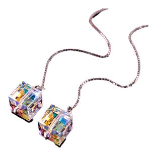 925纯银18k金耳线长款耳链方糖水晶耳坠耳饰女日韩耳环70121