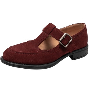 千百度T字乐福鞋女2026春季新款粗跟玛丽珍鞋真皮通勤深口单鞋