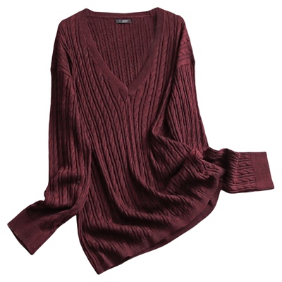 纯色绞花宽松慵懒风V领女针织衫