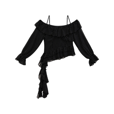 气质黑色一字肩荷叶边波点衬衫女