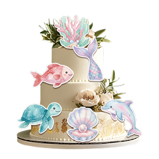 海洋世界蛋糕装饰插牌卡通海底小动物玩偶摆件梦幻闪粉鱼尾插件