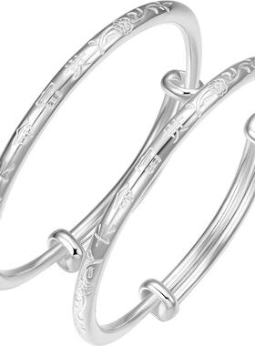 T周六福宝宝镯S999足银长命富贵镯子亮面寓意宝宝平安健康礼物