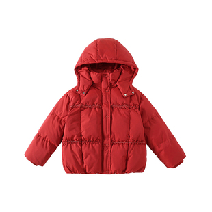 淘町女童羽绒服冬季新款中大童时尚木耳花红色过年服白鸭绒保暖
