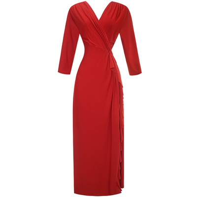 V领红色修身显瘦长款礼服连衣裙