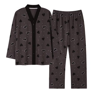 舒适中青年纯棉拉架睡衣女春秋季开衫爱心印花宽松户外家居服套装