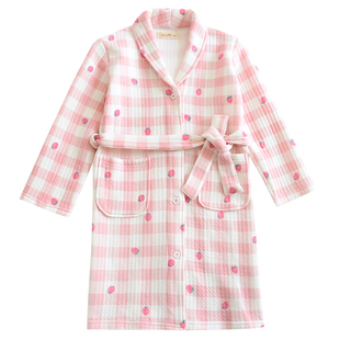 儿童秋冬纯棉空气层睡衣女童空气棉睡袍三层夹棉家居袍女孩厚浴袍