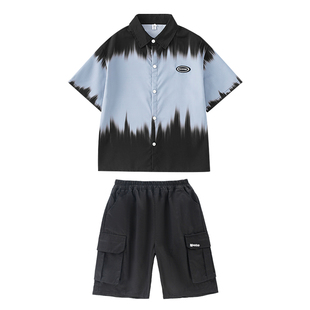 街舞儿童潮服演出服男童套装hiphop嘻哈拼色外套短袖衬衫夏季2024