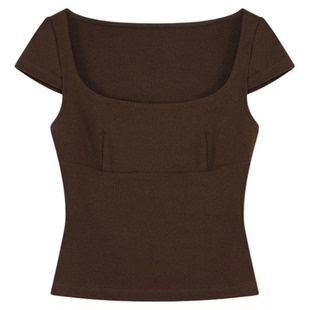 NEVA HU 黑色法式方领短袖T恤女修身辣妹短款针织正肩小飞袖上衣