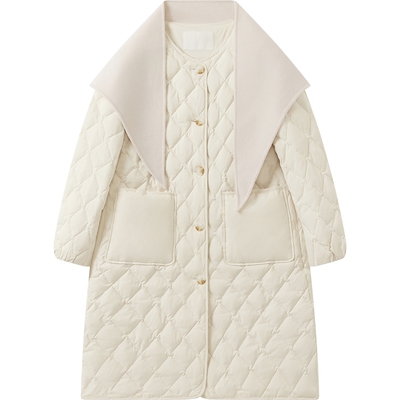 播长款几何绗线羽绒服女冬季长外套搭配羊毛围巾DDS4RD5231