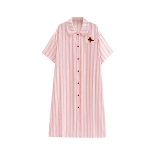 悦内睡裙女款睡衣夏季夏天冰丝绸大码开衫衬衫粉色条纹时尚可外穿