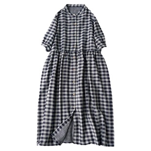 文艺女装舒适双层棉纱短袖格子裙夏季新品休闲连衣裙全开扣衬衫裙