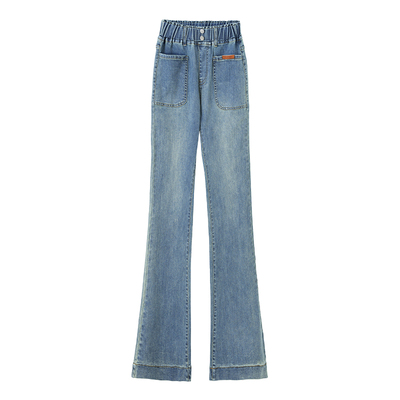 松紧腰大码微喇牛仔裤女冬季2025新款高腰加绒喇叭裤窄版阔腿裤女