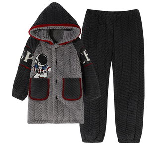 芬腾儿童夹棉睡袍套装男童冬季加厚加绒连帽保暖三层珊瑚绒家居服