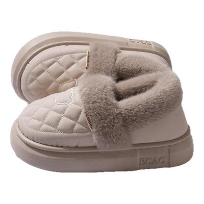 高颜值小熊毛领皮面防水棉拖鞋女