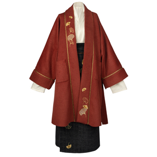 拟梦国风一叶秋原创宋制日常汉服秋冬款银杏刺绣过年红色毛呢褙子