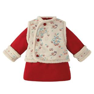 jellybaby女童国风连衣裙儿童5岁冬加绒唐装两件套红色喜庆拜年服
