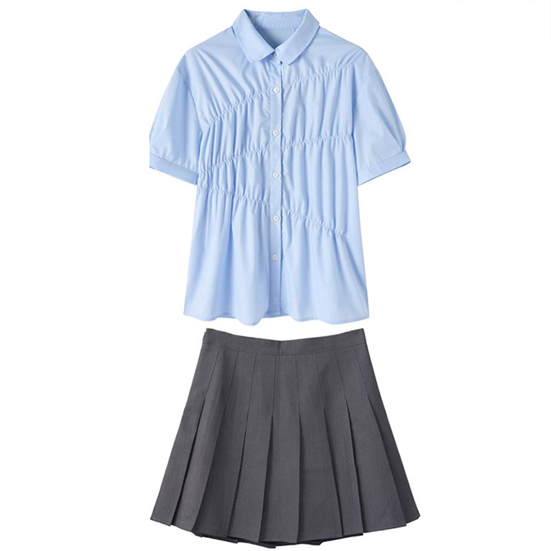 蓝色短袖衬衫女夏季学院风甜美宽松纯色衬衣韩系高级感褶皱上衣潮