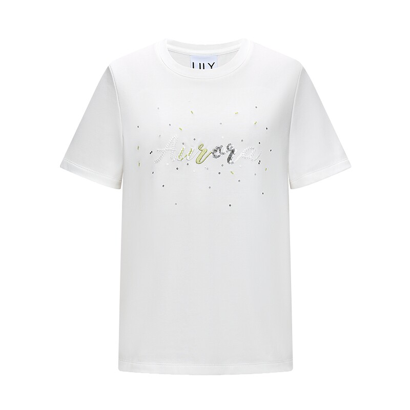 LILY2026春新款女装欧若风撞色刺绣珠片正肩休闲通勤白色短袖T恤