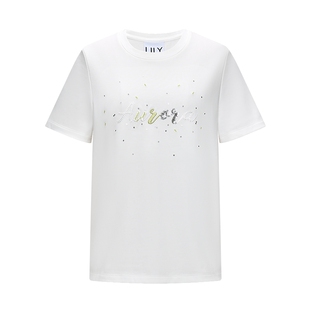 LILY2026春新款女装欧若风撞色刺绣珠片正肩休闲通勤白色短袖T恤