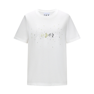 LILY通勤撞色珠片新款刺绣短袖T