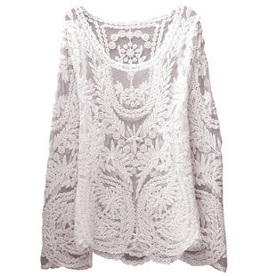 蕾丝罩衫长袖镂空圆领套头泳衣比基尼外套沙滩外搭防晒女海边中长