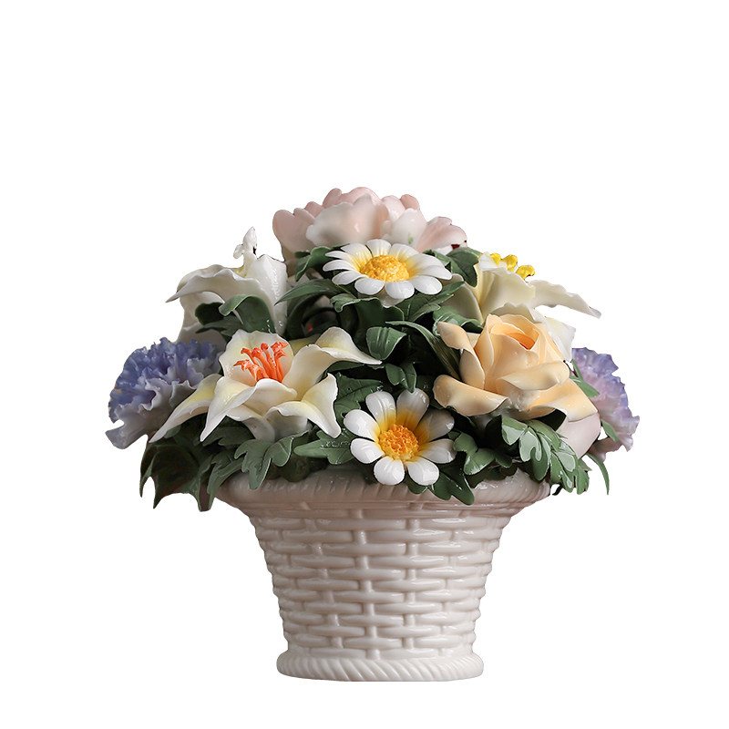 花开富贵陶瓷花篮摆件家居装饰品