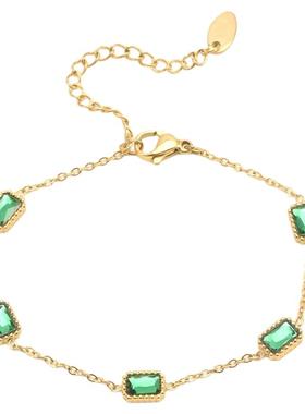 欧美跨境热卖款镶嵌祖母绿方形锆石手链真空镀金小众设计钛钢