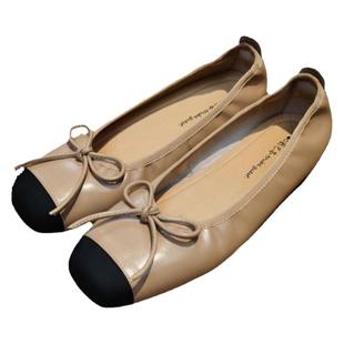 杏色蝴蝶结小香风平底休闲鞋百搭四季新款方头浅口软底拼色芭蕾鞋