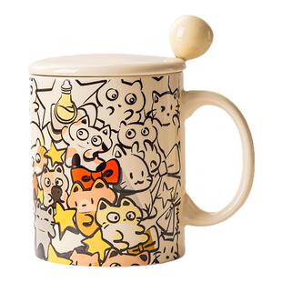 美式马克杯搞怪涂鸦陶瓷水杯带盖勺学生情侣生日礼物礼盒装伴手礼