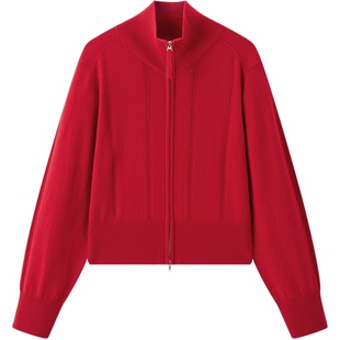 【张婧仪同款】太平鸟全羊毛新年战袍双拉链红色开衫新A1EDG1214