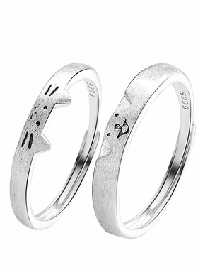 S999纯银拉丝小猫小狗素圈戒指