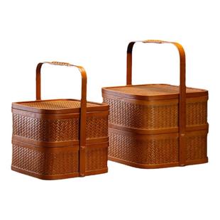 手提食盒提盒篮子手提上供食品竹篮二层长方形竹篮手提篮带盖中式