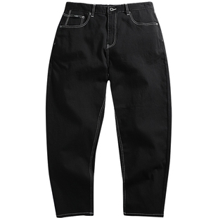 太平鸟男装水洗明线休闲复古牛仔裤锥形长裤黑色时尚牛仔长裤潮