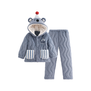 芬腾服饰男童连帽睡衣秋冬季三层加厚夹棉套装中大童珊瑚绒家居服