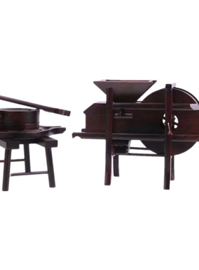 木雕仿古风石磨时来运转客厅摆件