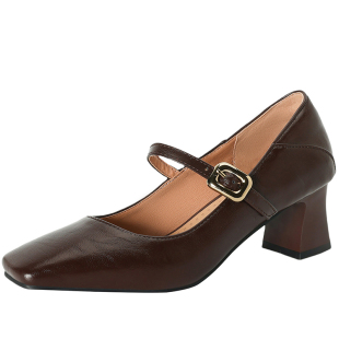 粗跟玛丽珍高跟鞋女春秋大码女鞋41到43胖脚宽40小码单鞋32棕色33