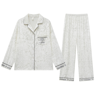 乐姿梦情侣睡衣女秋冬季复古茶花加绒男士可外穿金丝绒家居服套装