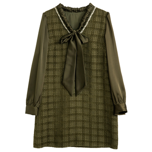 宝诗黎V领系带钉珠连衣裙女2026春季新款拼接气质格子短款直筒裙