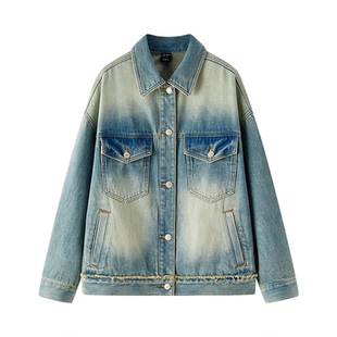 森柔|森马牛仔外套女春季翻领做旧宽松落肩衣服美式街头甜酷夹克