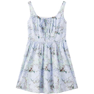 乐町短款优雅方领连衣裙女装2026春夏新品系带蝴蝶结甜美可爱裙子