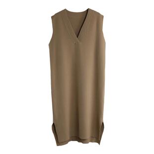 韩版纯色V领中长款针织背心马甲女装气质宽松套头毛衣打底连衣裙